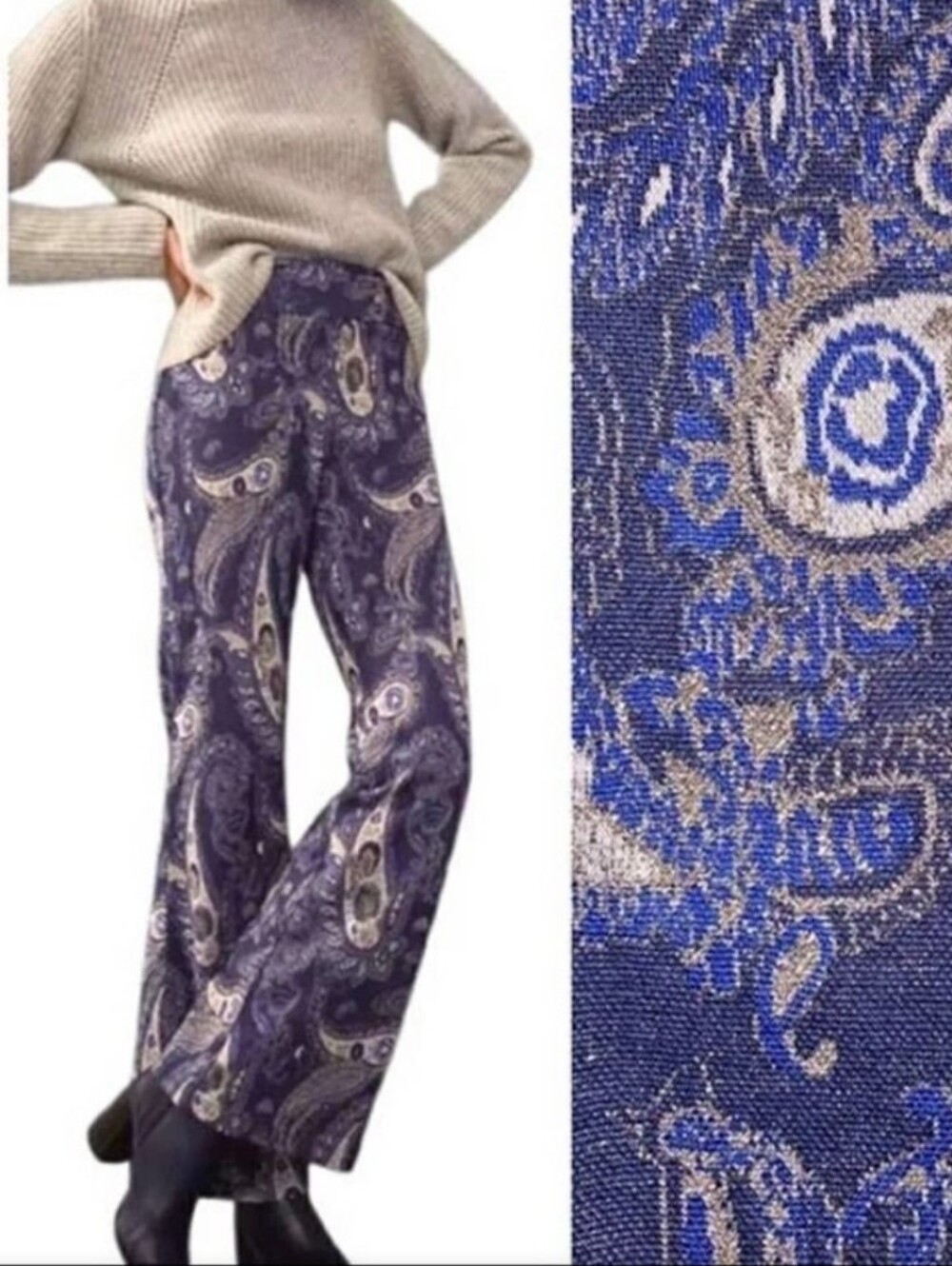 Anthropologie Maeve Blue Maria Paisley Metallic Flare Pants Retail $128